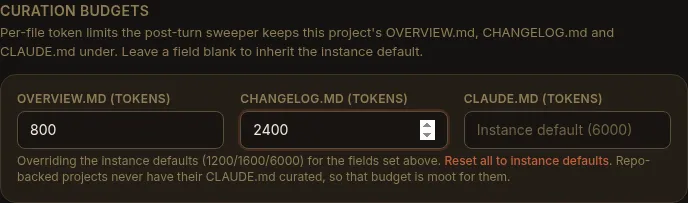 Per-project curation budgets in the Settings tab, overriding two files and inheriting the third