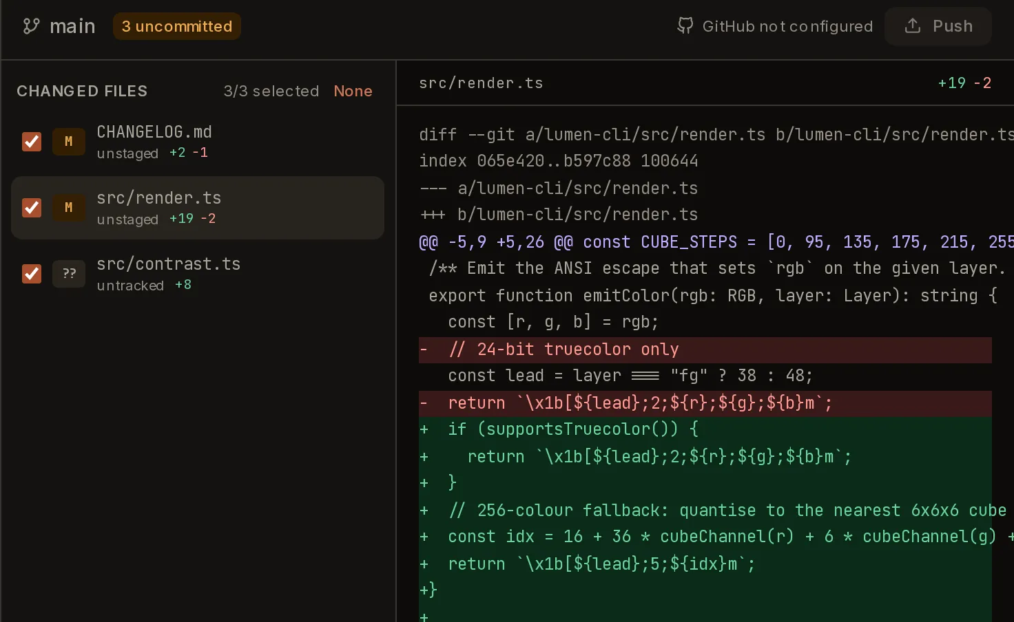 A Paddock project’s Changes tab: branch main with 3 uncommitted files, a changed-files list with all three ticked, and an inline red/green diff of src/render.ts