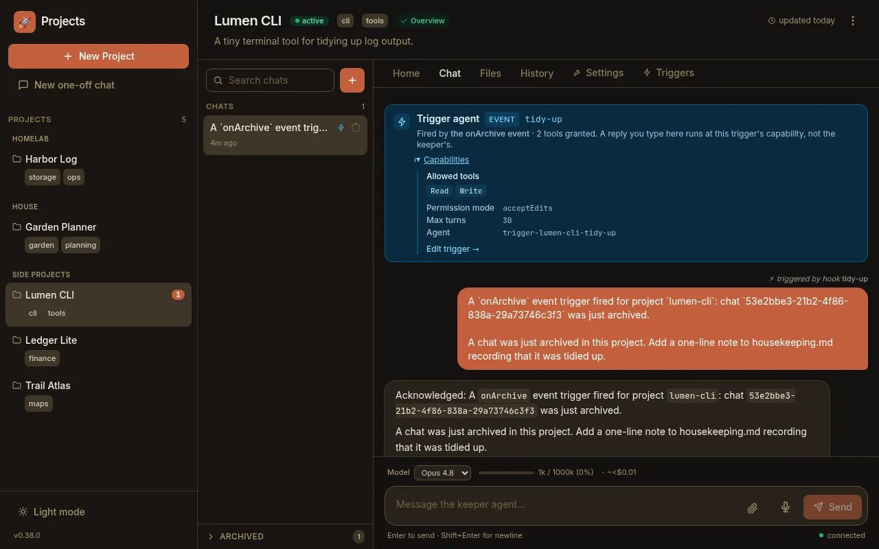 A hook chat: the ⚡ badge in the sidebar and the capability banner naming the onArchive event and the granted tools