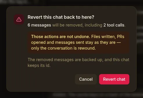 The revert confirmation modal, with '6 messages' and '2 tool calls' emphasised in its summary line and the 'Those actions are not undone' warning set apart as its own callout