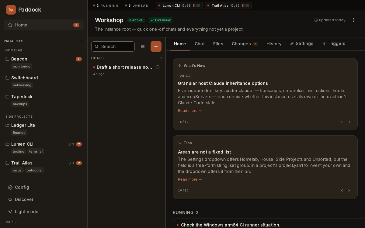 Paddock — running and unread chats across every project, a live turn, a sub-agent's nested steps, an inline diff, Claude opening its own chats, files rendered in the conversation, fork and rewind, triggers, run history, the git Changes tab, and the same instance on a phone